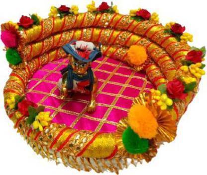 SHYAM Laddu Gopal WOODEN Singhasan Cum Bed Decorate With Gota Patti Fabric Size (4 to 6) Handmade Premium Quality Jhula