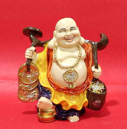 Sawcart Laughing Buddha Statue Holding Ingot & Gold Coins Good Luck Money Figurine Happiness Feng Shui Idol Chinese God of Wealth Prosperity Handmade Polyresin Home décor Decorative Showpiece  -  14 cm