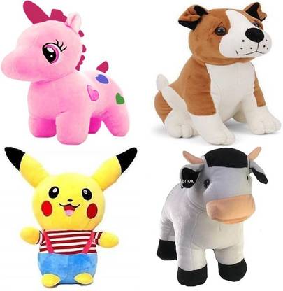 Renox Very Special & Premium Quality Special, Cute Stuffed Toys in Low Budget for kids/Gift pikachu,cow, unicorn[pink], Bull Dog (Pack of 4) Teddy bear  - 25 cm