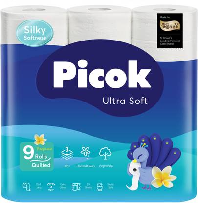 PICOK Ultra Soft Toilet Tissue Paper 9Rolls (25m long, 3Ply, 219 pulls) Toilet Paper Roll