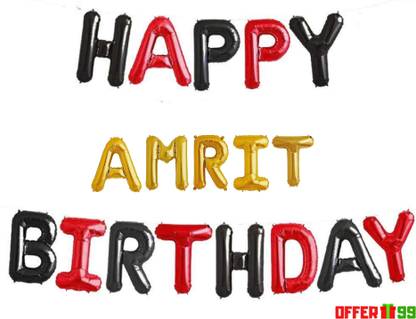 Offer99 सॉलिड Red Black Happy Birhtday with AMRIT name Golden Foil Letter Balloon for Birthday Celebration लेटर बैलून