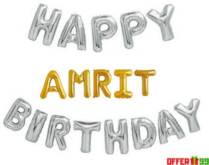 Offer99 Solid SILVER Happy Birhtday with AMRIT Name Golden Foil Letter Balloon for Birthday Celebration Letter Balloon