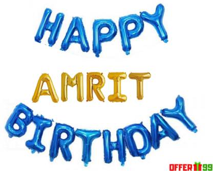 Offer99 Solid SKY BLUE Happy Birhtday with AMRIT Name Golden Foil Letter Balloon for Birthday Celebration Letter Balloon