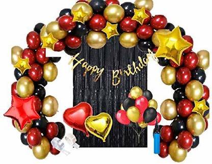 Wisdom Decor Happy Birthday Decoration Special Combo Kit (Set Of 103 Pcs) With 1 Gold Cursive Banner+ Black Foil Curtain(1)+Foil Heart Red 1+Gold 1+Star Red 1+Foil Star Gold (5)+Metallic Balloons Red 30+Black 30+Gold 30+Balloon Pump(1)+Balloon Glue dots(1)+Balloon Garland Arch(1) For Party Decoration