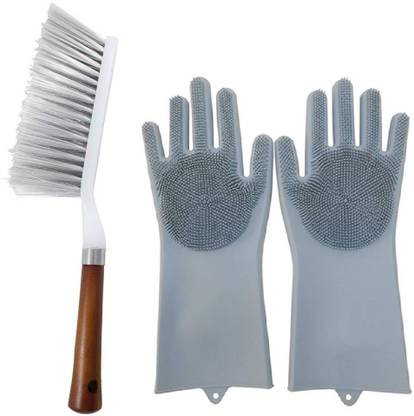 NOHUNT Bristle and Wood Carpet and Upholstery Long Handle Dust Cleaning Brush for Tiles, Carpet, Bed, Sofa,Mattress, Window, Bathroom, Car Seat, Curtain, Dust Cleaner for Home with Bacteria protecting, Dishwashing C-19 Gloves with Scrubber, Silicone Cleaning Reusable Scrub Gloves for Wash Dish,Kitchen, Bathroom, Pet Grooming Reusable Rubber Silicon Household Safety Wash Scrubber Nylon Wet and Dry Brush