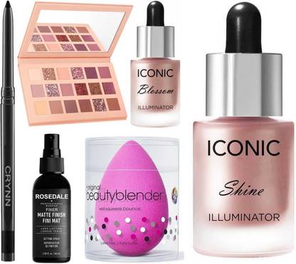 Crynn Smudge Proof Rosedale Kajal & Icon Blushed Velvet Eyeshadow Palette & Iconic Blossom & Shine Illuminator Highlighter & The Matte Fixer Face Spray & Beauty Blender Sponge Puff