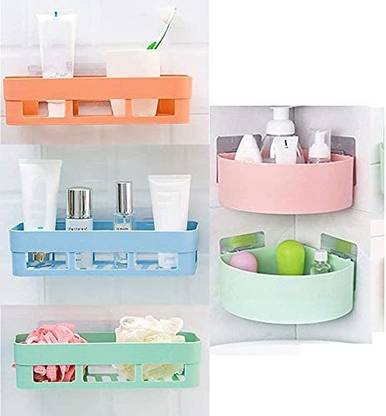 SHOPITECH Bathroom Shelf Wall Mounted Bathroom Kitchen No Drill Storage Rack Super Adhesive Bathroom Shower Organizer Rack Shelf (3 Bathroom Shelf + 2 Corner Triangle Shelf) Plastic Wall Shelf