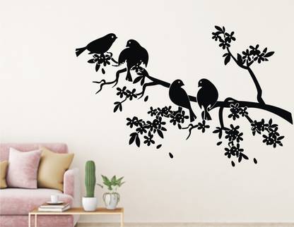 Heaven Decors 90 cm Bird on tree black Wall Decal,Wall Sticker and Wallpaper Size(90 x 57)cm Self Adhesive Sticker