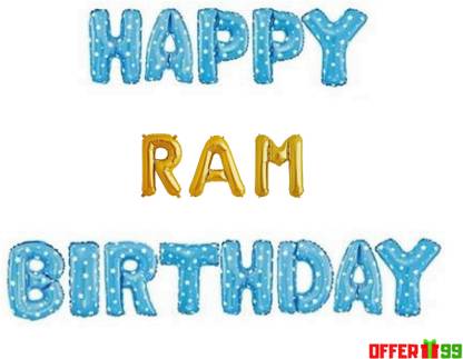 Offer99 Printed SKY BLUE DOTTED Happy Birhtday with RAM Name Golden Foil Letter Balloon for Birthday Celebration Letter Balloon