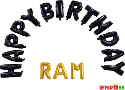 Offer99 सॉलिड BLACK Happy Birhtday with RAM Name Golden Foil Letter Balloon for Birthday Celebration लेटर बैलून