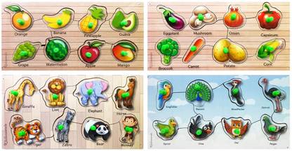 Khilonewale Set of 4 Wooden Puzzle for Kids - Colourful Fruits, Vegetables, Animals & Birds Learning Educational Boards for Kids (Size 27*14 cm) Each