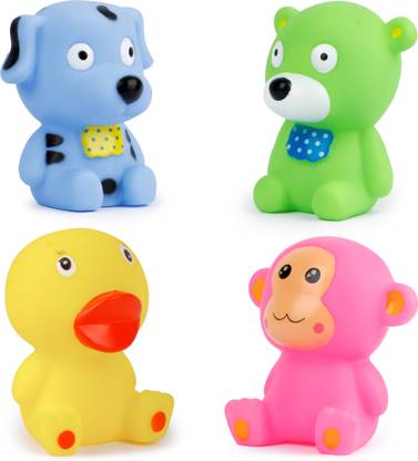 FIDDLERZ Chu Chu Sound Squeezy Chaar YAAR Baby Bath Toys for Kids Toddlers Soft Natural Rubber Non-Toxic Animal Shape Bathtub Toys (Pack of 4 ) - Multicolor Bath Toy