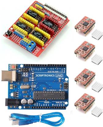 Scriptronics CNC V3 Shield Expansion Board + UNO R3 Board + 4Pcs A4988 Stepper Motor Driver for Engraver 3D Printer (Arduino Kits) Educational Electronic Hobby Kit