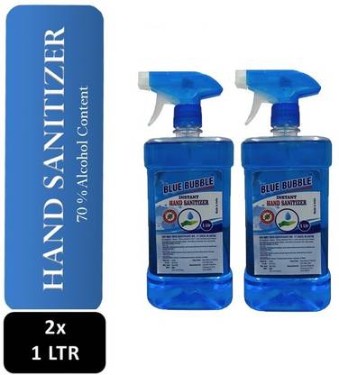 Blue Bubble Instant  - Alcohol 70% - Kill Germs 99.9% - 2 Ltr Spray Bottle  (2 X 1 Ltr) Hand Sanitizer Can
