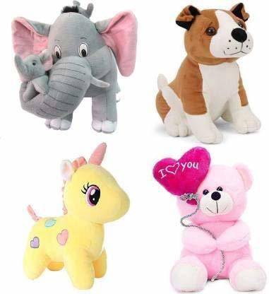 Saubhagye Pack of 4 Elegant Soft Toys Combo Set Bull Dog , Pink Balloon , Yellow Unicorn , Grey Mother Elephant Special Offers Toy Animals for You - 42 cm (Multicolor)  - 42 cm