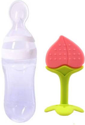 Kidsify Newborn Baby Feeding Bottle Silicone Squeez Feeding Spoon Milk Cereal Training Feeder and Fruit Shape Silicone Teether(Set of 2) Teether and Feeder