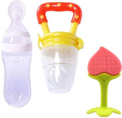 Kidsify Baby Cereal Rice Paste Squeeze Feeding Milk Bottle Food Feeder & Baby Fruit Nibbler Soother & Silicone Teether (Combo Pack)  - Silicone