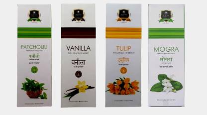 ALAUKIK Solitaire Incense Sticks Combo Pack of 4 - Combo-8 (90 gm x 4=360 gm) Patchouli, Vanilla, Tulip, Mogra