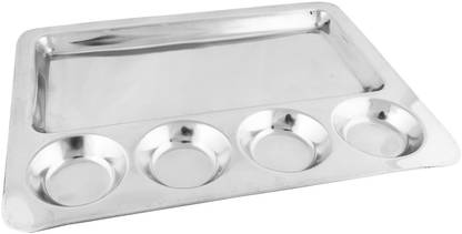 JS Hotelware Stainless Steel Rectangular Dosa Plate or Mess Tray with 5 Compartment Dinner Plate