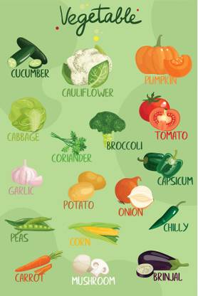 Names Of The Vegetables With Graphics | Suitable For Home And School Decor Paper Print