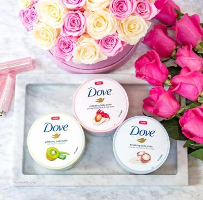DOVE Kiwi Seeds Cool Alcee, Pomegranate seeds & Shea Butter, Crushed Macadamia & Rice Milk Exfoliating Body Polish pack of 3 Scrub