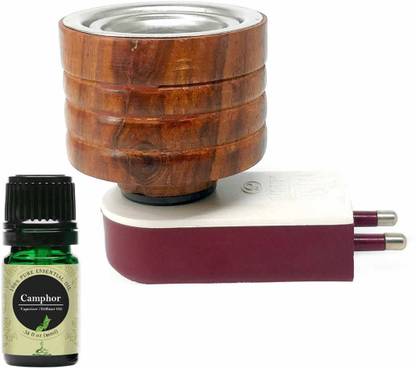 CraftQua Camphor Aroma Oil Diffuser Set Electric Wooden Aroma Oil Diffuser/Kapoor Dani/ Camphor Burner for Kapoor, Bakhoor and Aroma Oils Hand-Crafted Incense Burner for Home, Office, Temple, Positive Energy and Ambiance (WA1) with Camphor Aroma Oil 10ml