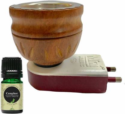 FStyler Camphor Aroma Oil Diffuser Set Electric Wooden Aroma Oil Diffuser/Kapoor Dani/ Camphor Burner for Kapoor, Bakhoor and Aroma Oils Hand-Crafted Incense Burner for Home, Office, Temple, Positive Energy and Ambiance (WB) with Camphor Aroma Oil 10ml