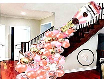 SV Traders Solid Birthday Party Decoration Wedding, Birthday, Celebration & Party Decoration Combo Kit Of 77 Pcs-Rose Gold Foil Champagne Bottle 40 Inches(1)+Rose Gold Confetti Balloons(5)+Metallic HD Balloons Rose Gold(40)+Pink(20)+Golden(10)+Balloon Glue Dots 100(1) Balloon