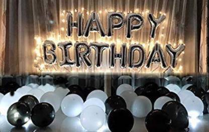 HBD Solid Happy Birthday Silver Foil Letter Balloon (13 Pcs) Black and white Balloon With LED Light Combo Set. (54)