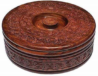 National Handicraft Wooden Chapati Box, Casserole (Sheesham Wood), 8 INCHES, Natural Brown Cook and Serve Casserole