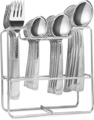 HOMIFY Stainless Steel Spoon stand / rack Steel Cutlery Set Stainless Steel Cutlery Set (PLATINUM SILVER handle design) | ( 6 pcs of desert spoon 6 pcs of master table spoon 6 pcs of desert table fork & 6 pcs tea spoon) | Stainless Steel Cutlery Set Stainless Steel Cutlery Set