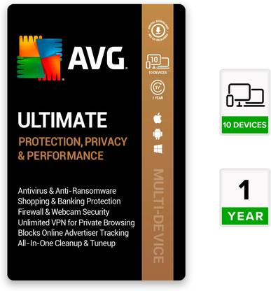 AVG Total Security Multi Device 10 Devices PC (Total Security Antivirus, VPN Security, Junk Cleaner, AntiTracker) (PC, Mac, Android) 1 Year Total Security (Email Delivery - No CD)