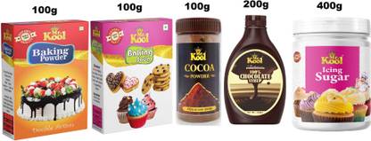 Mr.Kool Cake Baking Combo Kit (Baking Powder, Baking Soda, Cocoa Dark Brown, Chocolate Syrup & Icing Sugar) 900g Combo