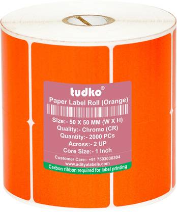 tudko 50 mm X 50 mm (Orange) Chromo Barcode Label, 2000 Labels in Roll, Set of 1 Roll, Required Carbon Ribbon for Printing, Self Adhesive Paper Label