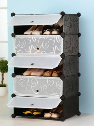 Sasimo Shoe Rack with Cover for Home/Office Wardrobe Cube Organizer Black Plastic Collapsible Shoe Stand