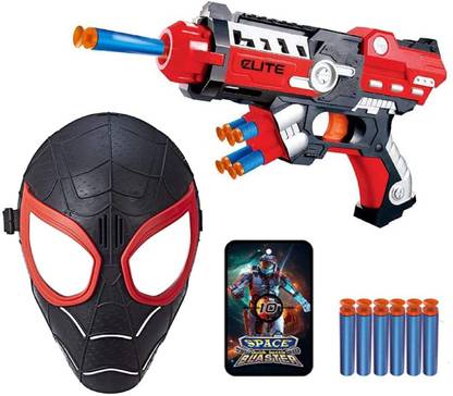 QBIC Superhero Avenger Series Red and Black Spider-Man Toy Ultra Long Range Soft Bullet Blaster Gun Mask and Target Board Pretend Play Set for Kids Guns & Darts