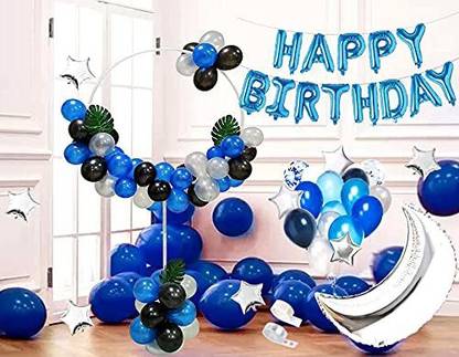 SV Traders Solid Happy Birthday Beautiful Blue Black Silver Decoration Combo Kit Of 76 Pcs-Blue Foil HBD(13)+Silver Foil Moon 30 Inches(1)+Silver Foil Stars 5 Inches(10)+Metallic Balloons Blue(30)+Silver(10)+Black(10)+Balloon Glue Dots 100(1)+Balloon Arch(1) Balloon