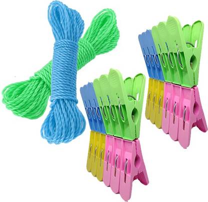 10cr Plastic Cloth Clips (Pack of 24) with 20 meter Rope(Pack of 2) Plastic Cloth Clips