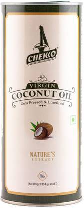 chekko Kachi Ghani Cold Pressed Virgin Coconut Oil | 100% Natural, Pure & Wood Pressed (1L) for Cooking, Skin Care, Hair Growth, Baby Massage and Oil Pulling Coconut Oil Tin