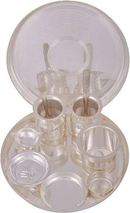 AVCOLLECTION Silver Plated Jain Pooja Thali Set Of 11 Pcs Silver Plated