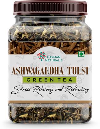 HAYMAN NATURAL'S Ashwagandha Tulsi Green Tea Loose Leaf (60gm-50 Cups) | 100% Natural Ashwagandha Tea | Green Tea Leaves With Ashwagandha, Tulsi Tulsi Tea Plastic Bottle