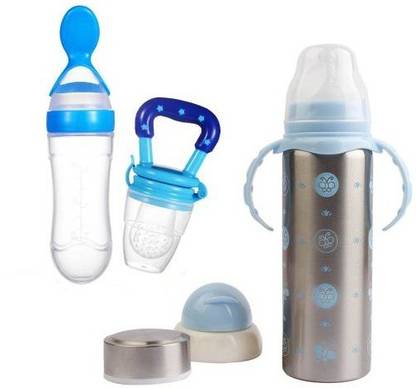 little monkeys High Quality Stainless Steel Baby Feeding Bottle 1 Piece & Silicon Nipple ALONG WITH FOOD FEEDER FOR SEMI SOLID GRAINS AND RATTLE FOR FRUITS