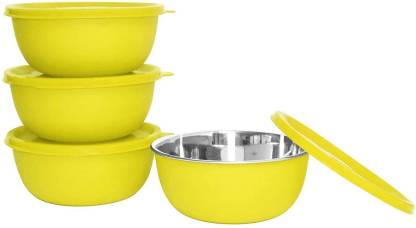 abviral Stainless Steel Serving Bowl Ab Viral Plastic Coated Microwave Safe Stainless Steel Yellow Bowls (Set of 4) 14 cm.