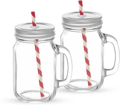 TREO Trinity Mason Jar With Straw 470ml 2 Pcs Set Glass Mason Jar