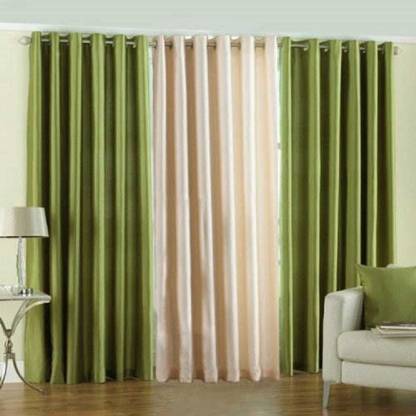 Polyester Window Curtain Pack, Green And Cream Curtains