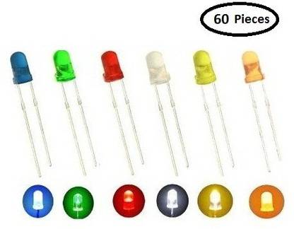 DS Robotics 6 Colour LED Diodes Lights 5mm Light Emitting Diode LED Lamp Assorted Kit / 2pin Diffused LED Electronic Parts Kit for Arduino (60 Pieces) Educational Electronic Hobby Kit