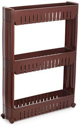 MECHON 3 Tier Kitchen Trolley, Easy-To-Move Slide Out Shelf Slim Rack Brown Plastic Kitchen Trolley