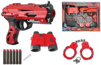 CrazyBuy high speed manual soft bullet toy gun | 6 soft foam bullets, handcuffs and telescope for kids- Multi color Guns & Darts
