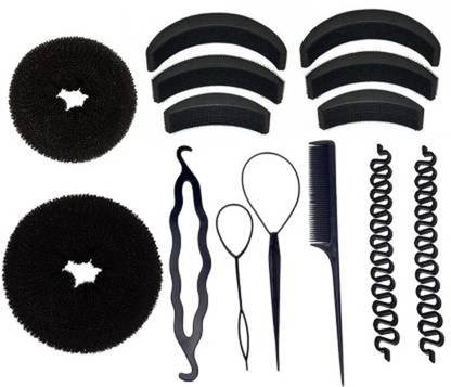 Sharum Crafts Banana Bumpit Hair Puff Up Maker Donut Magic Bun Topsy Tail Ponytail Holder Hair Styling tools Black-(Combo of 14 Pieces) Hair Accessory Set (Black) Hair Accessory Set