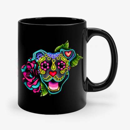 Sky Dot Smiling Pit Bull in Blue Day of the Dead Pitbull Sugar Skull Ceramic Coffee Mug
